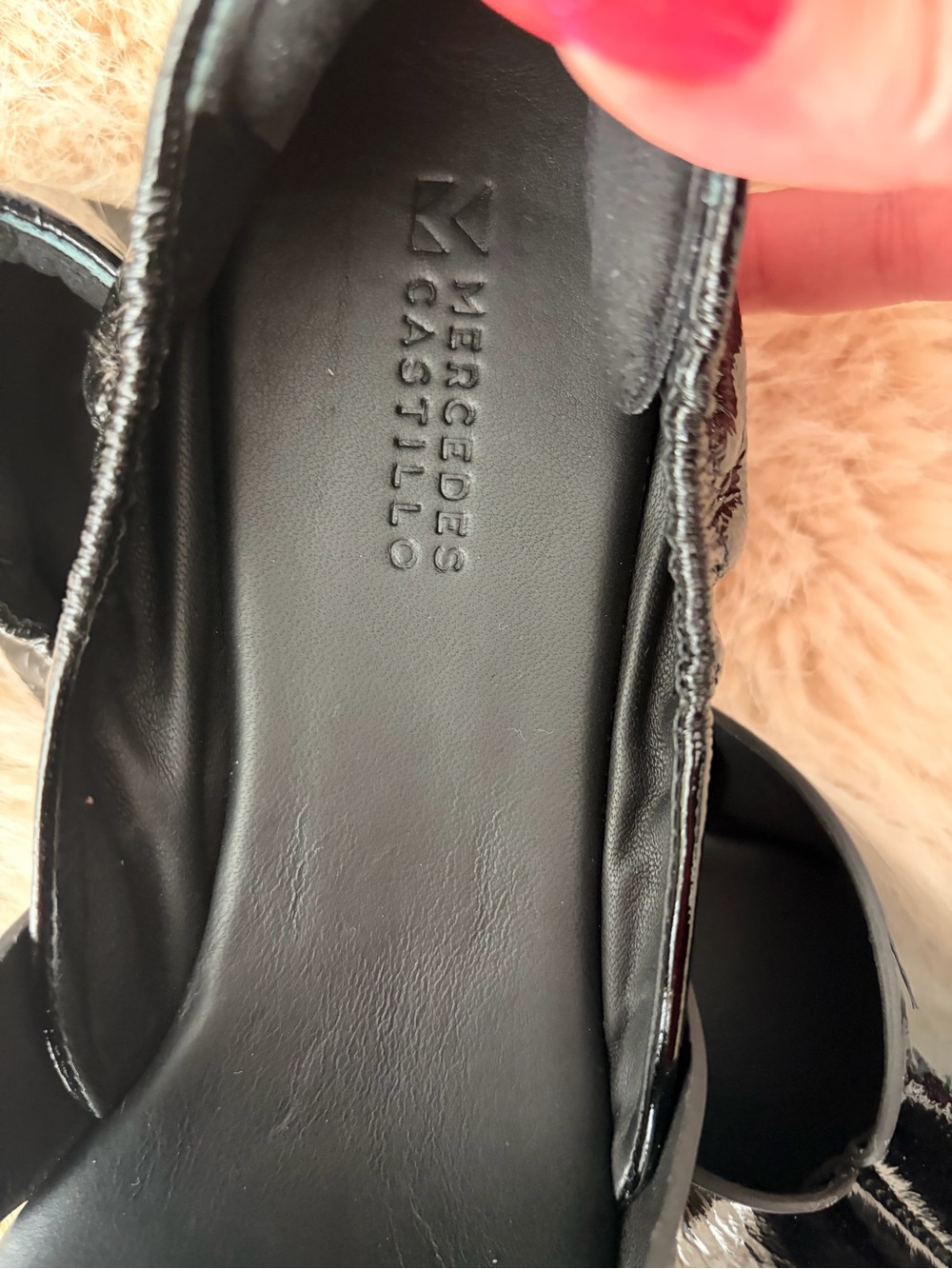 MERCEDES CASTILLO Black Patent Crisscross Peep-Toe Mules with Tan Heel Tab - Picture 2 of 9